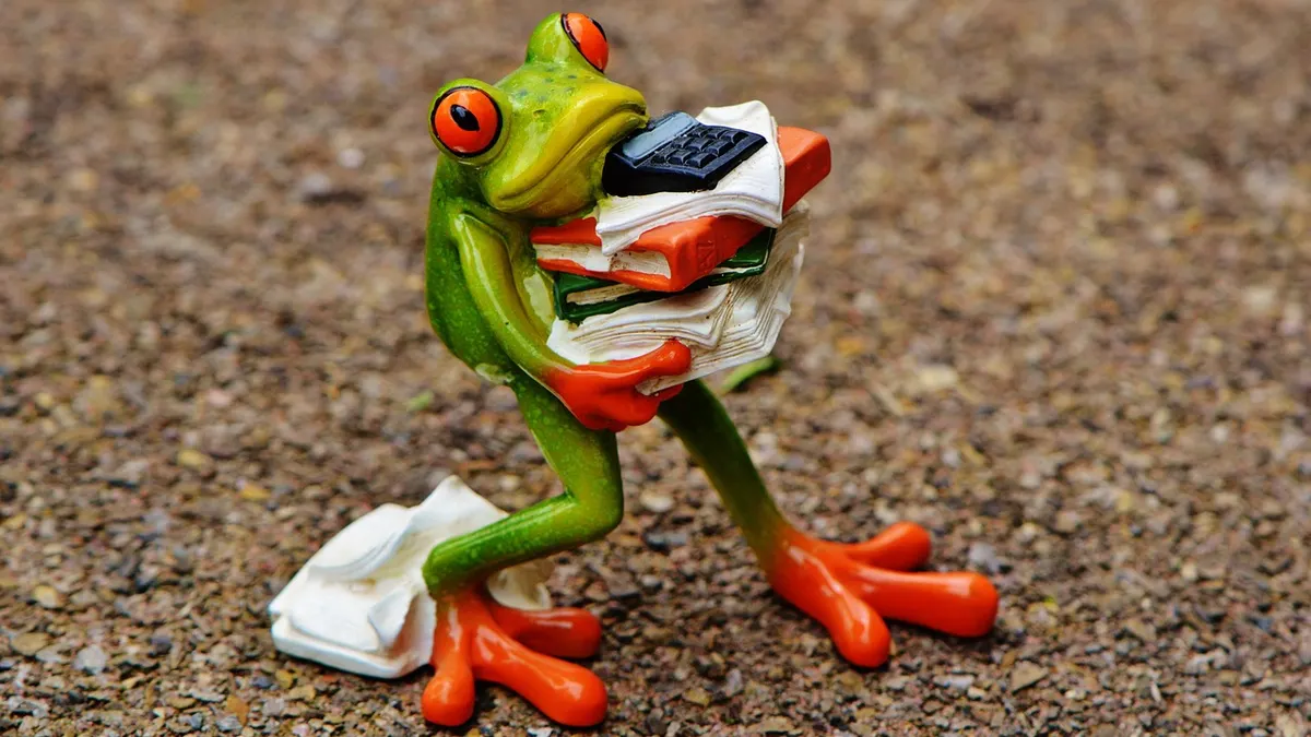 Figurine de grenouille et pile de fichiers